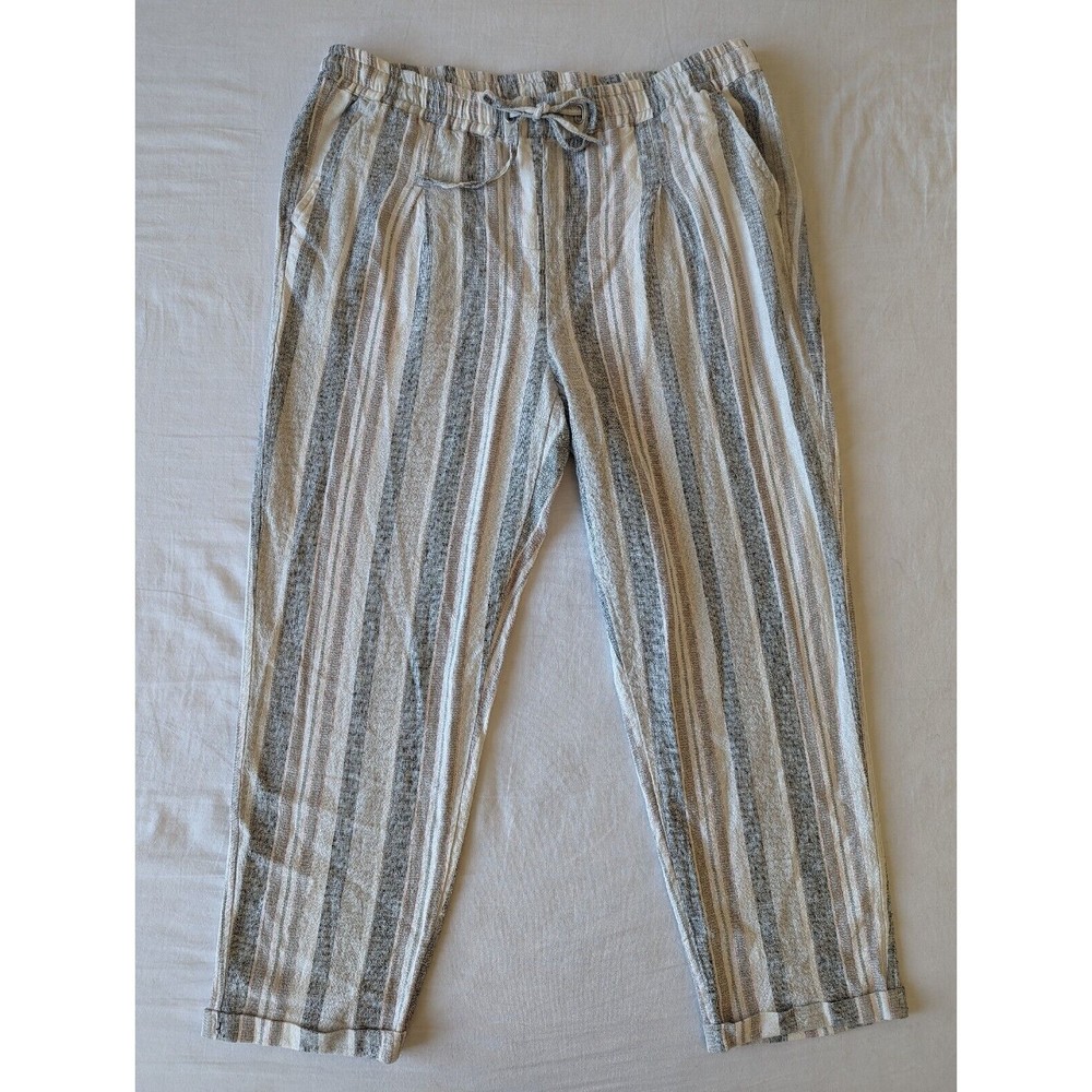 Jones New York Pants Womens 12 Linen Blend Striped Pull On White Gray Black